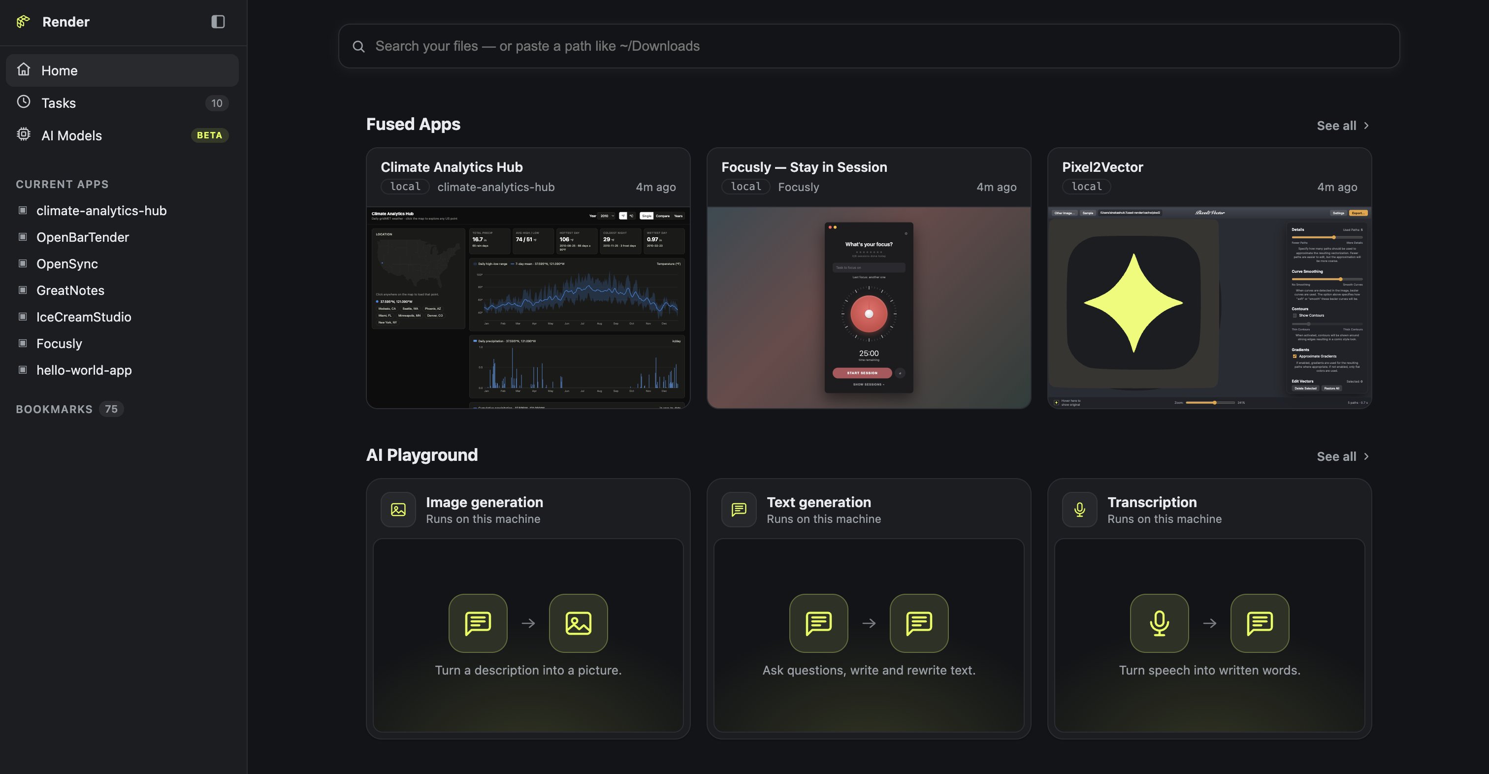 The Fused Render home screen: apps, AI playground and Claude tasks.