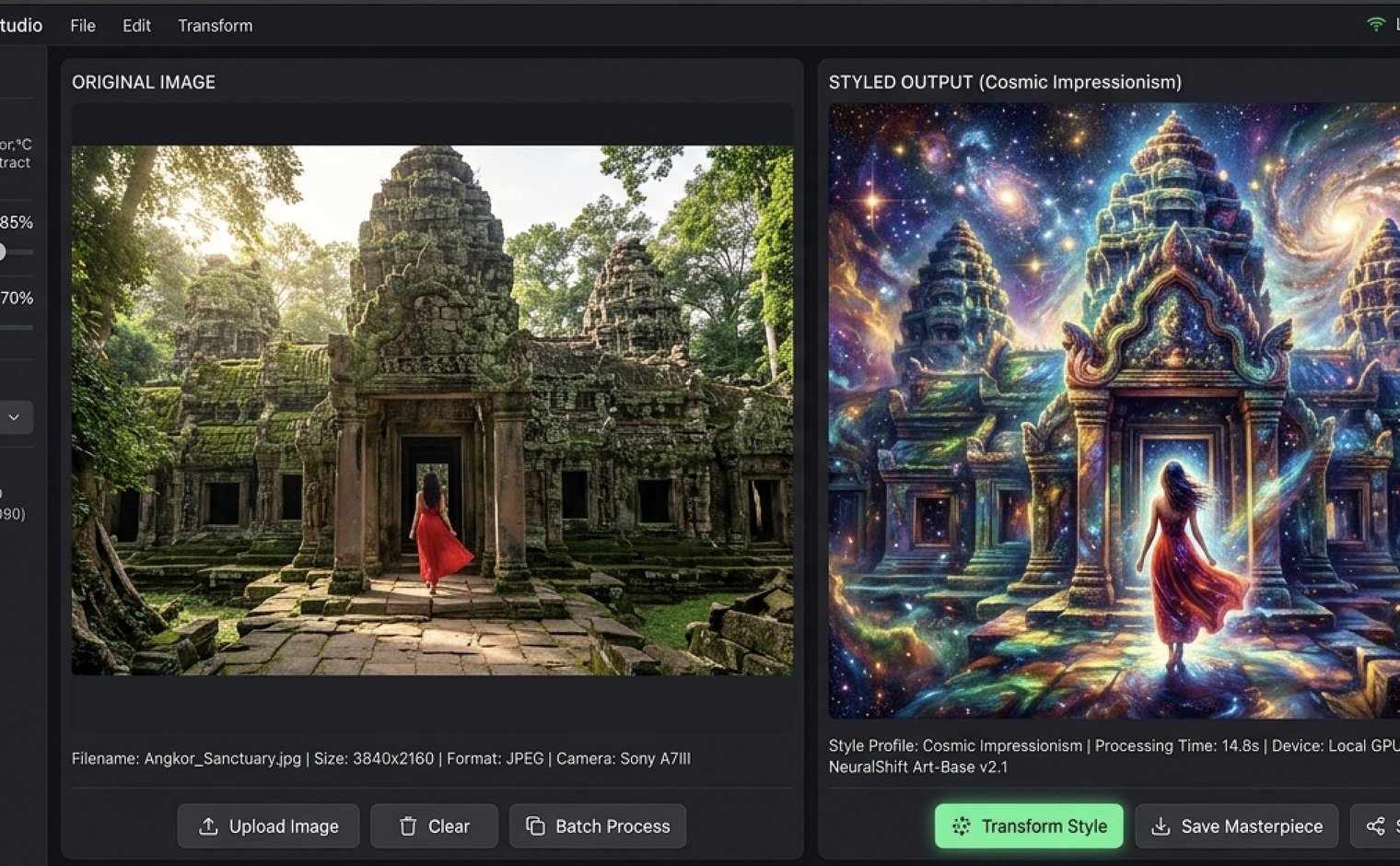 An image modifier: an original temple photo beside its cosmic-impressionism styled output.