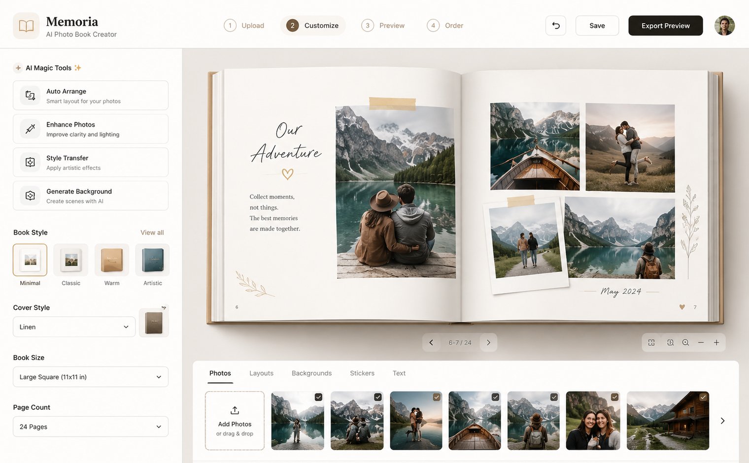 A photo book creator: an open album spread being laid out from a strip of photos.