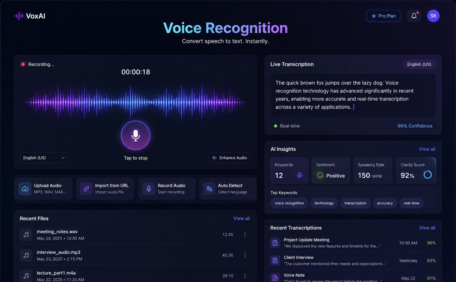 A voice recognition app: a live waveform recording on the left, the transcription and insights on the right.