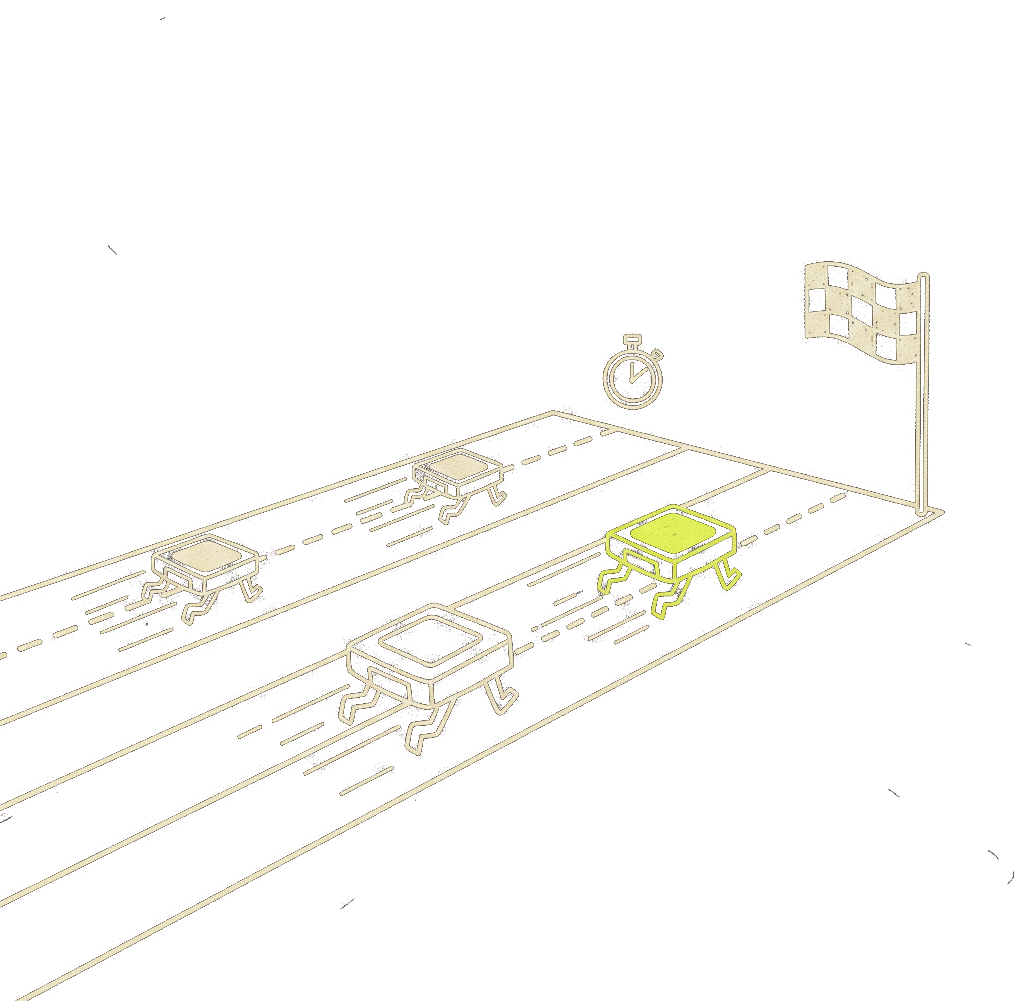 Illustration of the benchmark: chip characters racing toward a checkered flag, the fastest one highlighted.