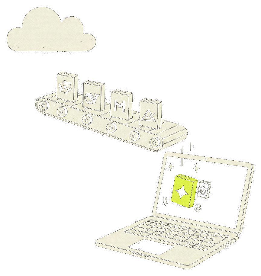 Illustration of the AI model library: AI model boxes riding a conveyor from the cloud down into a laptop, the picked one lime.