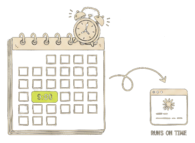 A calendar with 9:00 highlighted and an alarm clock; an arrow hands the prompt to a Claude window that runs on time.